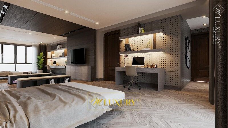 Bàn làm việc gỗ công nghiệp với thiết kế đơn giản, hiện đại, kết hợp bố trí với kệ tủ sách phía trên tạo sự tiện nghi nhất cho người sử dụng